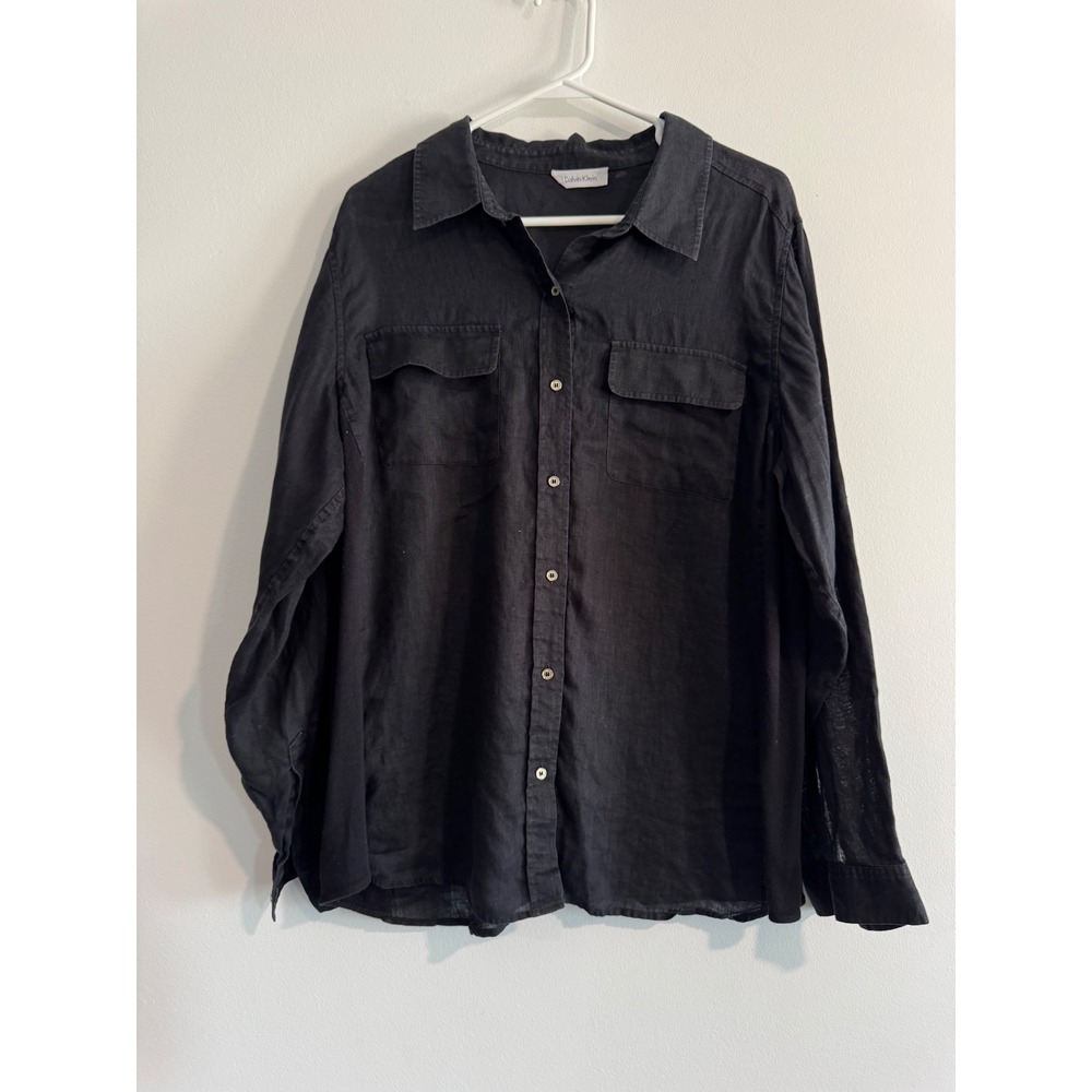 Luxury Calvin Klein Linen Blend Mixed‎ Media Button Womens XL Black 90s Bessette